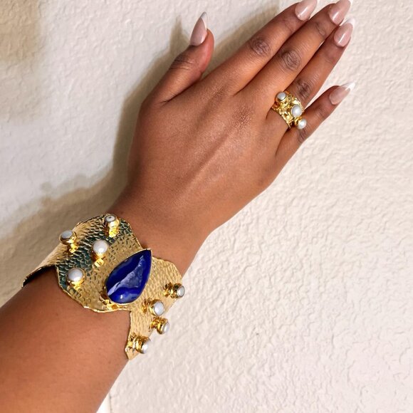 Gold Plated Gemstone Cuff Bracelet & Ring  Set - Picture 2 of 2